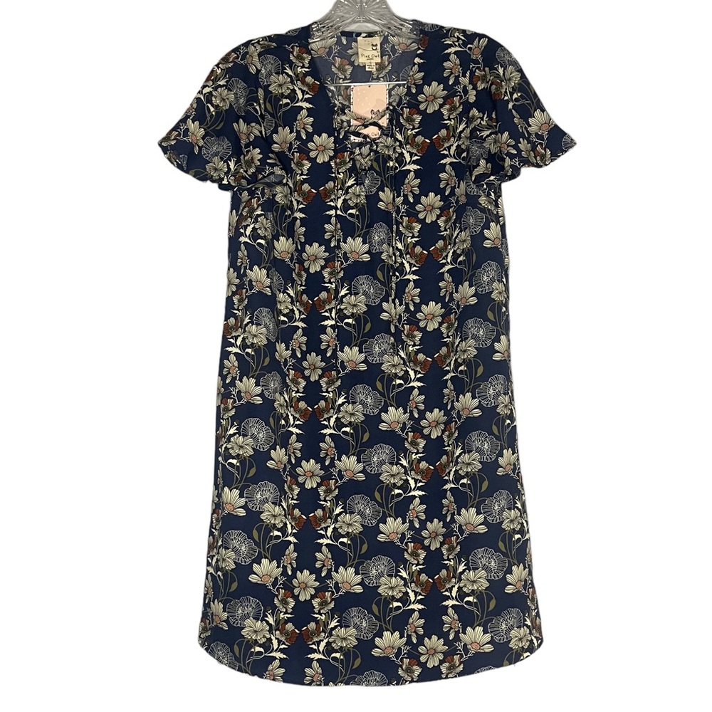 NWT Pink Owl floral print shift dress navy brown short sleeve sz S